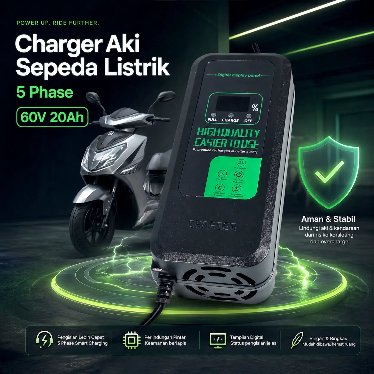 TASKOOD Charger Aki Sepeda Listrik 5 Phase Battery Charger Portable - TAH-60