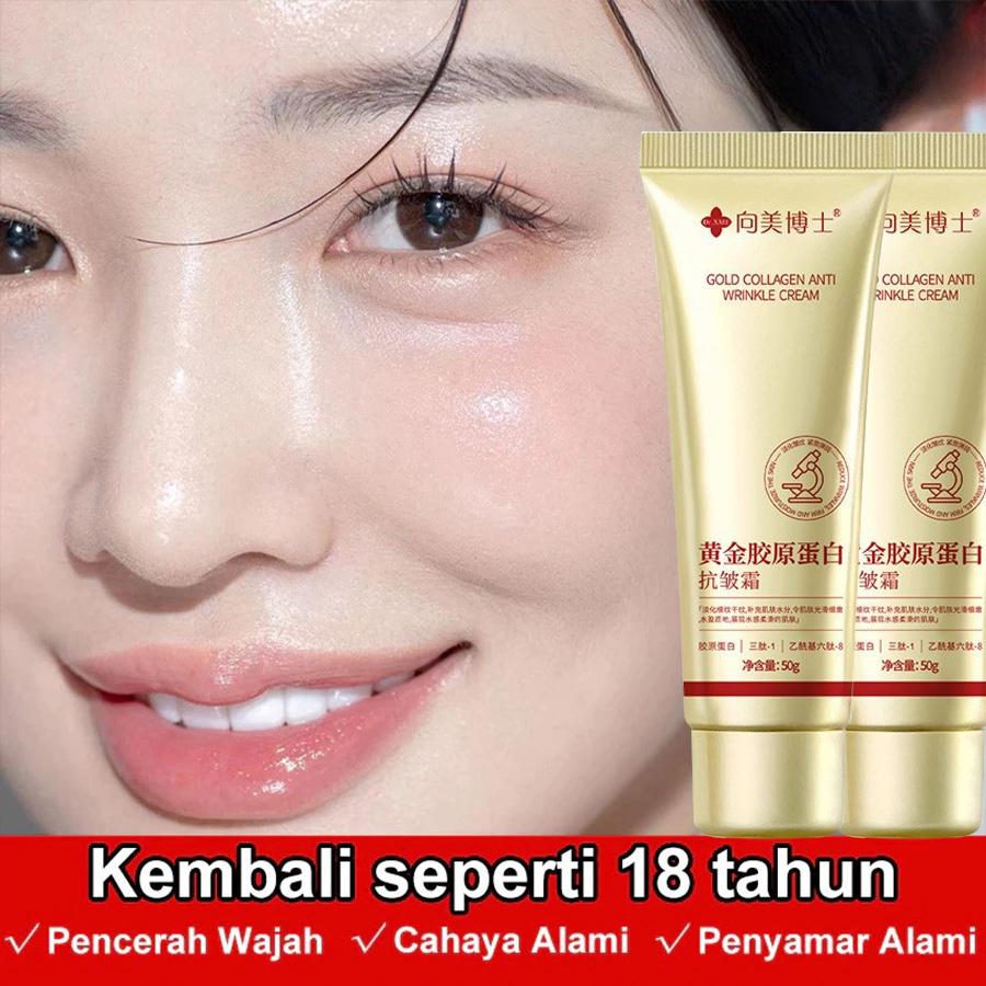 Krim Kolagen Emas 50g Krim Anti Kerut & Anti Penuaan – Melembabkan, Mengencangkan & Mencerahkan Kulit Gunakan siang dan malam untuk mengurangi garis-garis halus dan kerutan, serta melawan penuaan.