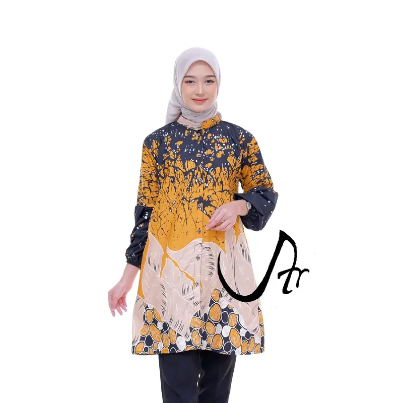 Baju Batik Wanita  Atasan Tunik Modern Lengan Balon Karet Kancing Depan Full Kerah Shanghai 6