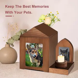 Wooden Handmade Pet Urns House and Candle Holders Set Funeral Supplies Cat Dog Cremation Urn for Ashes Pet Memorial Coffin Box - A Set