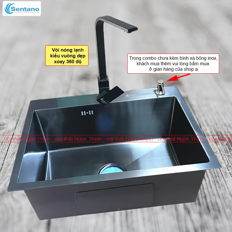 Chậu rửa chén bát inox sus304 SENTANO NANO ĐEN 60x45cm chống trầy xước cao cấp tặng kèm rổ đa năng 0