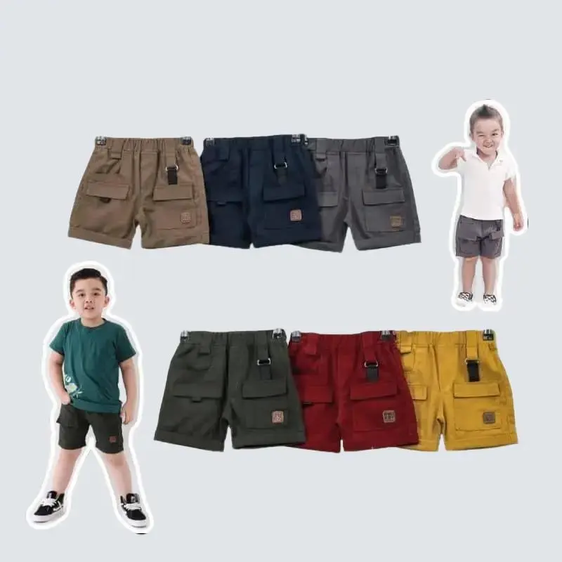 Paket 4 Pcs Celana Cargo Pendek Anak Cowok Cewek Usia 1-10 Tahun Katun - Variasi Kantong, Ring Besi, dan Tali - Fashion 7