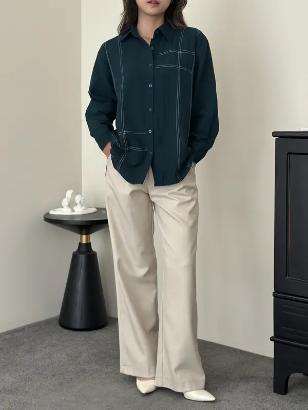 ASOKA Twila Shirt 2289 - Contrast Stitching Oversize Blouse Long Sleeve - Atasan Wanita Kemeja Kasual Linen Baju Panjang 6