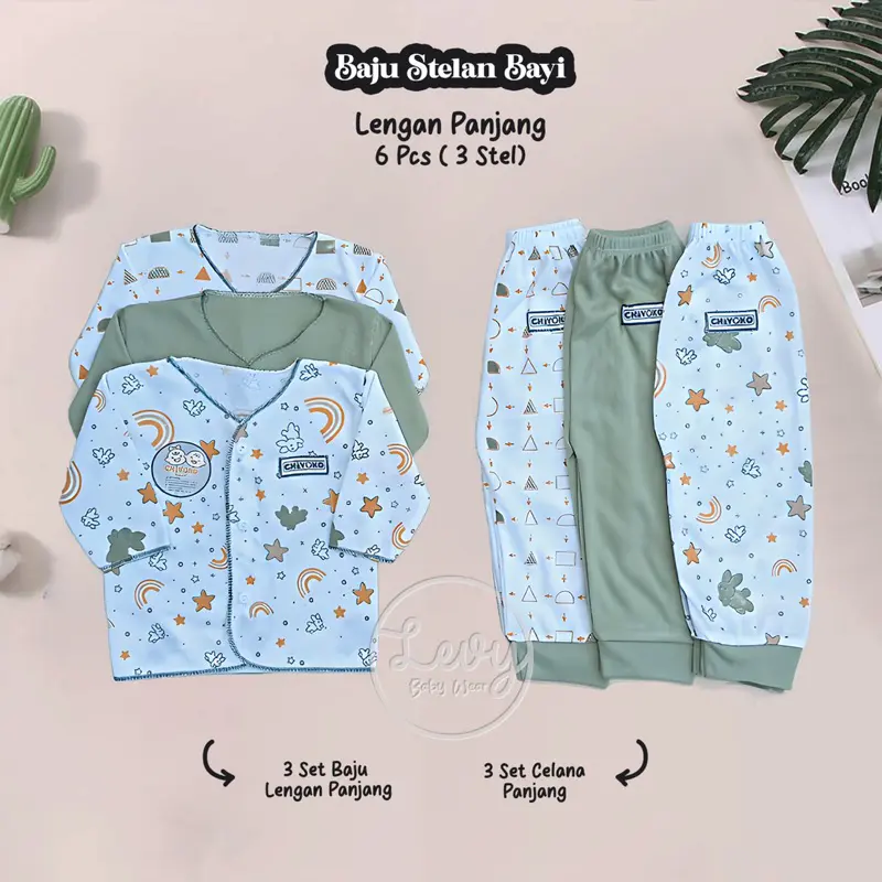 Chiyoko Baby 6Pcs/3 Stel Baju Bayi Panjang Celana Bayi Setelan Bayi Series 0