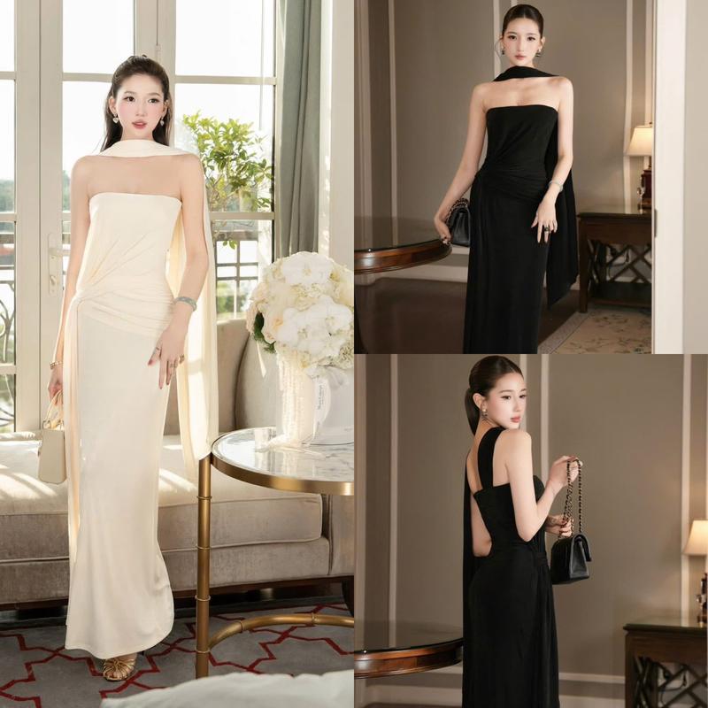 [HÀNG CÓ SẴN] Váy liền G06 phối tà dài kèm choàng cổ - Váy nữ xinh sang chảnh