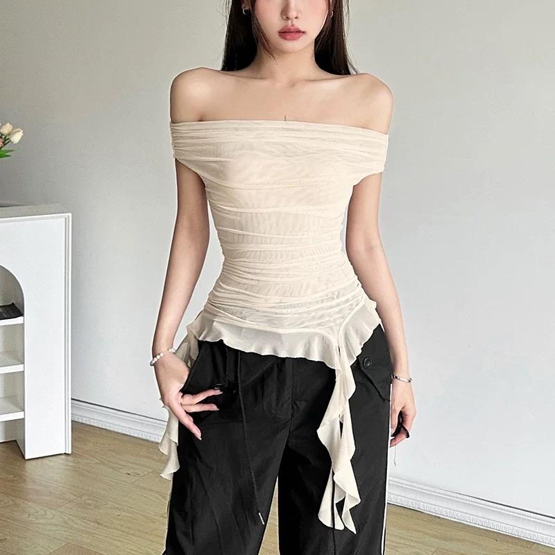 Áo Kiểu Bigsize, Áo Lưới Vạt Tua Rua Vải Mịn Dễ Mặc Dễ Phối Đồ Trễ Vai Siêu Xinh Cho Nữ Chuppy- A280