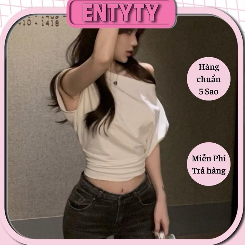 Áo croptop trễ vai cánh dơi nữ , áo crt ngắn tay gợi cảm thun cotton đen trắng