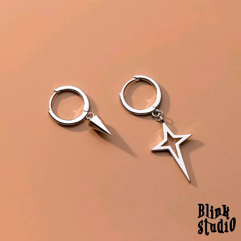 devanka earring - (anting tindik) model bintang dan geometri kerucut / set 2pcs bahan titanium anti karat cocok untuk pria maupun wanita anting  bintang cowok bintang y2k 4