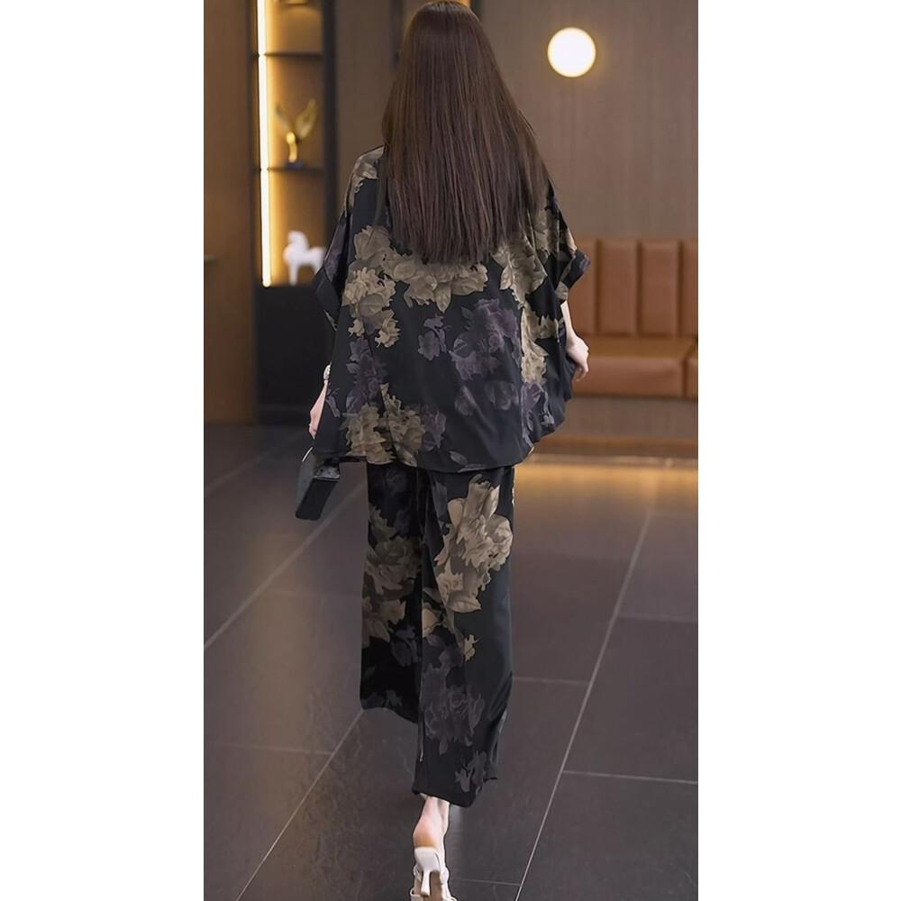 FADFAD setelan wanita atasan berkerah lengan model kelelawar dengan celana panjang motif bunga