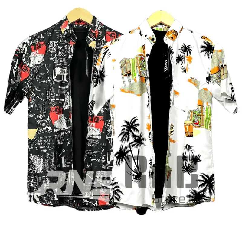 PAKET BAJU MOTIF 2 PCS COD Pendek Pria Katun Keren Nyaman Casual Hitam Putih 6