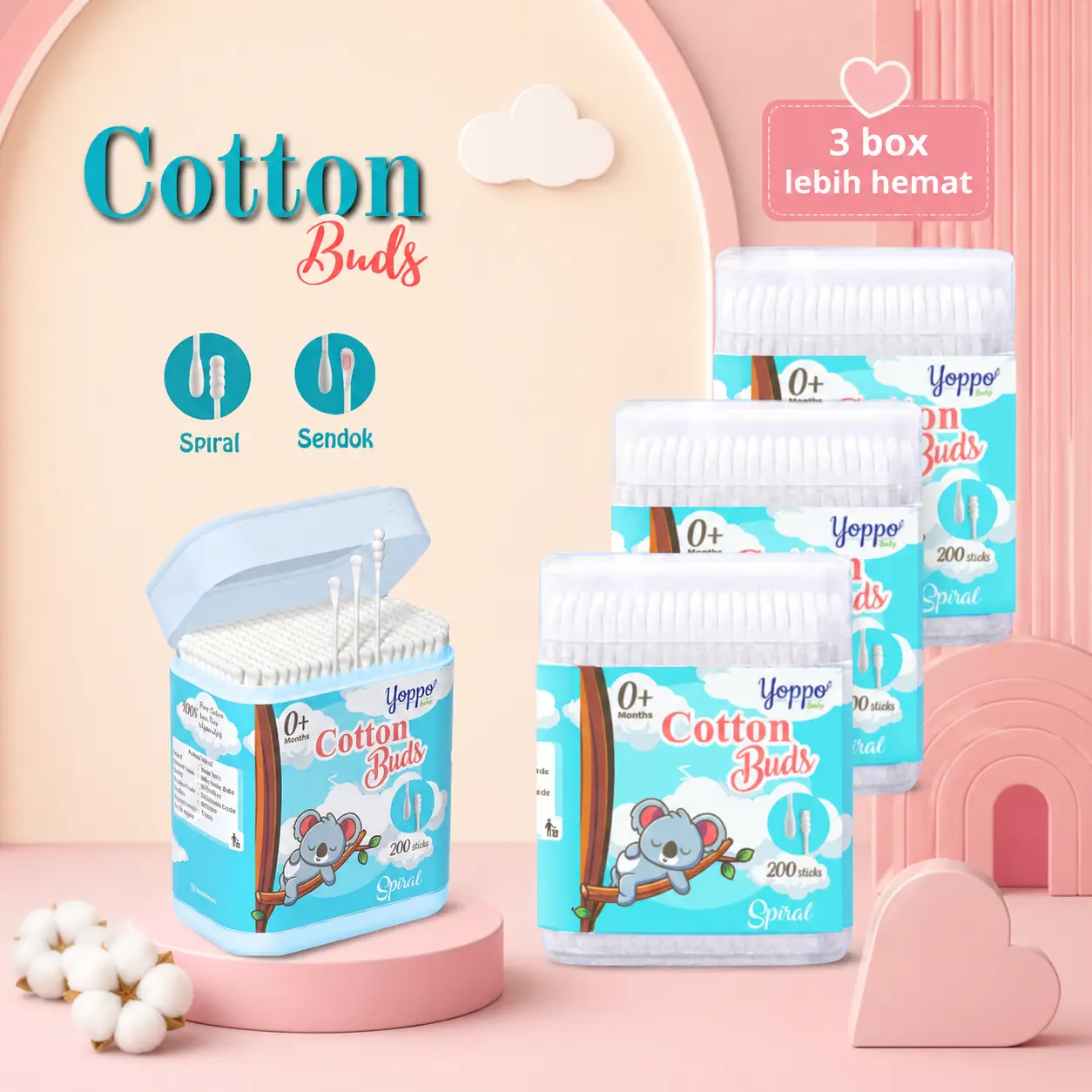 Yoppo Baby -  Cotton Bud 200 Pcs / Cotton Bud Sendok / Cotton Bud Spiral Bayi