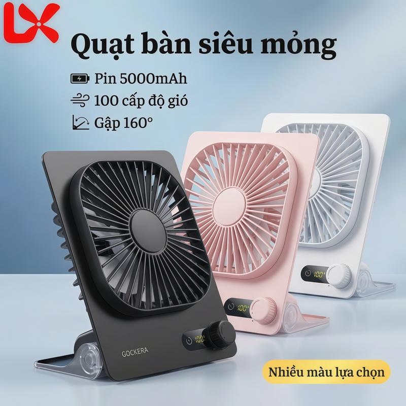 LX ZO2 Mới – Quạt để bàn siêu mỏng, màn hình LED, 100 cấp gió, pin 2000/3000/4000/5000mAh tùy chọn, gió mạnh êm, gập 160°, hẹn giờ, sạc USB, tiết kiệm điện #QuạtHè