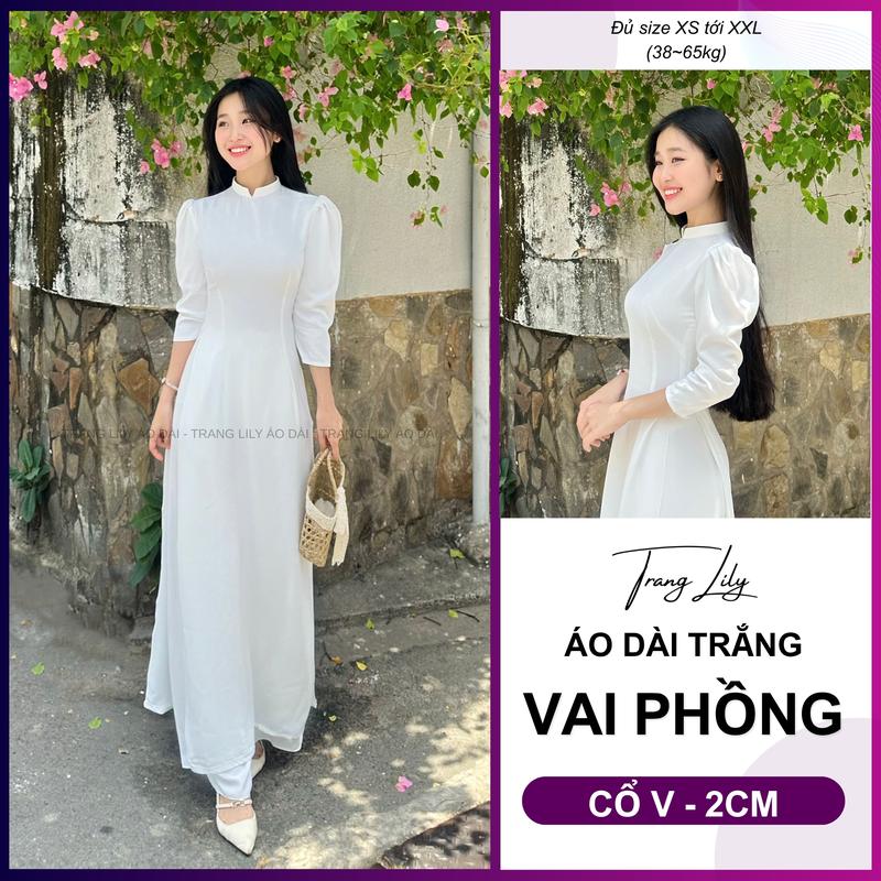 Áo dài trắng học sinh, TAY PHỒNG cổ chữ V cao 2cm, tay lỡ, VAI BỒNG, tà chữ A chất liệu lụa Mỹ cao cấp, đồng phục học sinh cấp 3, áo dài tay phồng - Trang Lily Áo Dài
