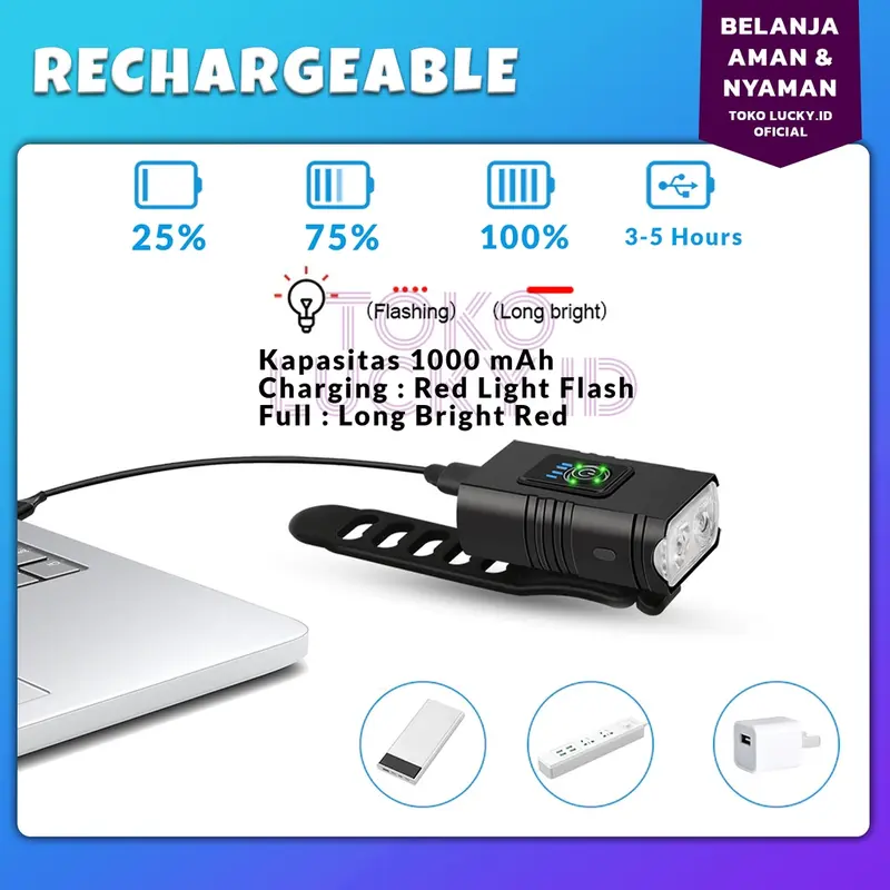 Lampu Sepeda Super Terang Depan 800Lm 1000mAh Senter LED Tahan Air USB Rechargeable 3