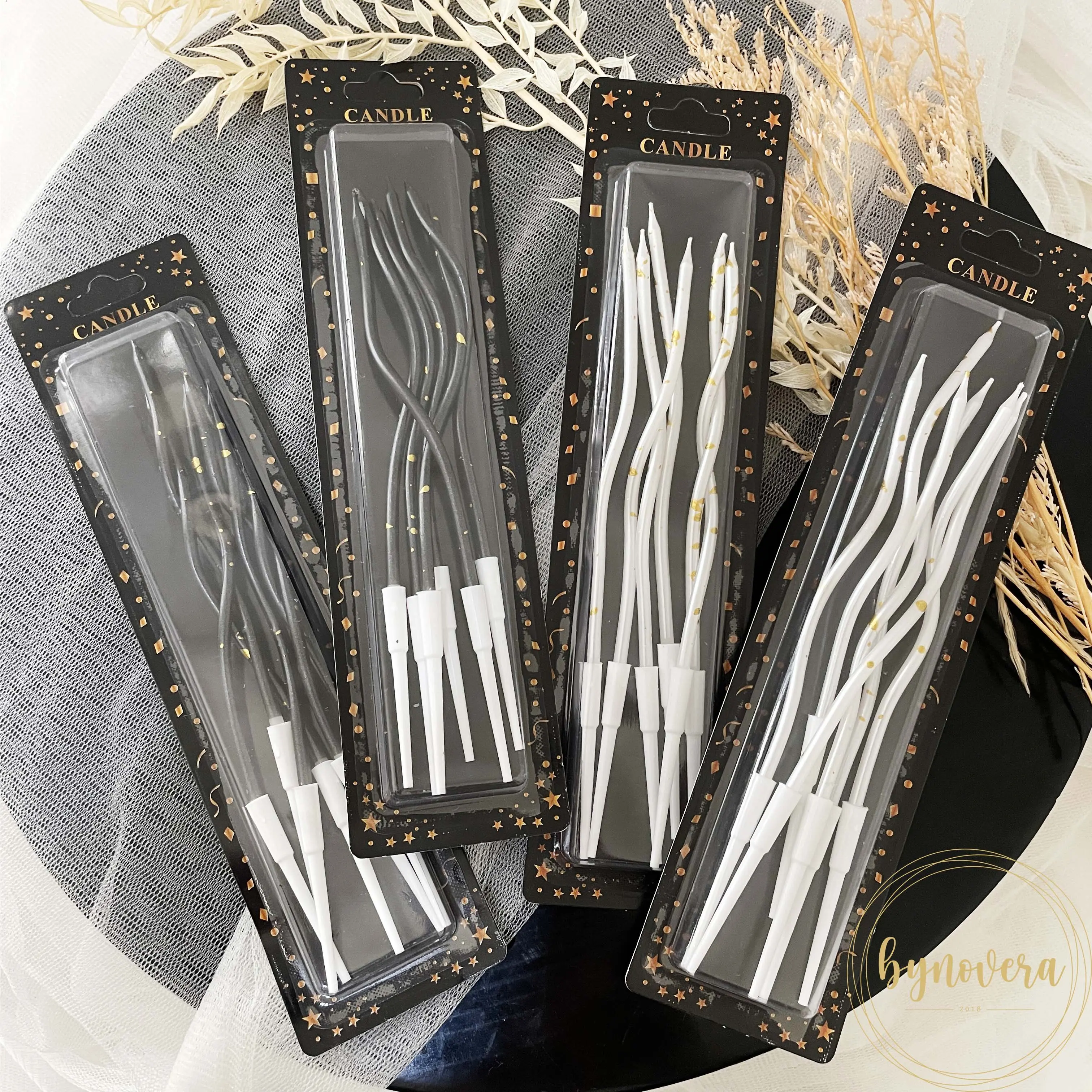 Lilin Ulang Tahun Spiral Sprinkle Monochrome - Pilihan Warna Hitam dan Putih Tinggi 10 cm Isi 6 pcs
