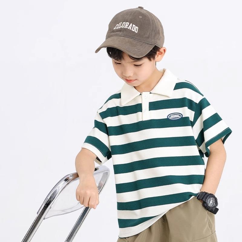 20-60kg Áo Phông Cổ POLO Tay Lửng, Họa Tiết Kẻ Ngang, Phong Cách Hàn Quốc, Áo Bé Trai 5