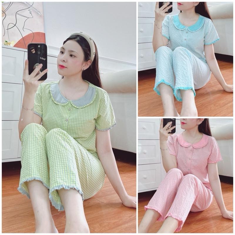 (Châu)Bộ kẻ cổ sen phối bèo chất thô đẹp mềm không nhăn quần dài và lửng.