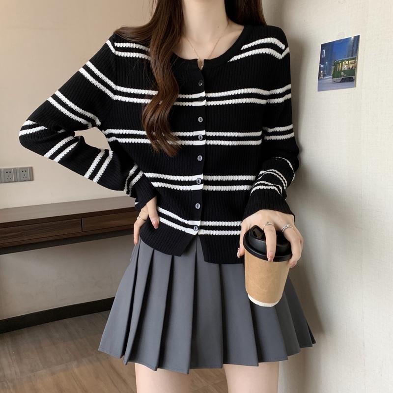Áo Cardigan Dệt Kim, Thời Trang Thường Ngày Cổ Tròn, Áo Len Cropped Xén, Dành Cho Nữ, Bộ Sưu Tập Mùa Xuân Và Mùa Thu, Với Thiết Kế Sọc 1