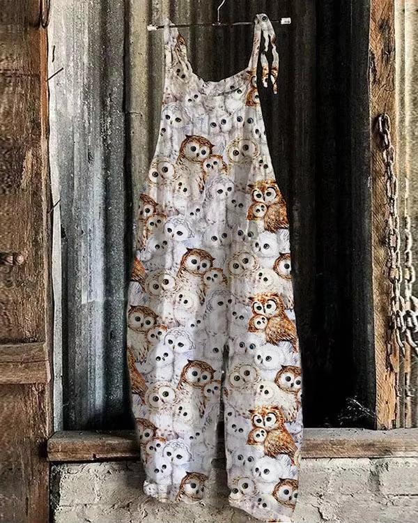 Product Introduction of 2024 new fashion trend women's summer new bohemian fashion loose and comfortable casual jumpsuit retro 3D digital owl animal print loose jumpsuit shoulder pants women's plus size S-5XL 1