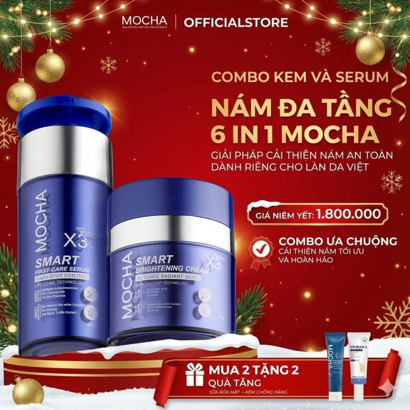  Combo Kem Giảm Sạm Nám Chuyên Sâu MOCHA & Tinh Chất Làm mờ thâm Nám từ Tầng Sâu Gồm 4 sản phẩm: Kem Nám Mocha 30gr Serum Nám Mocha 30ml Tặng Sữa Rửa Mặt + Kem Chống Nắng Skin care premium skin Chăm Sóc Da Nám Tàng Nhang 
