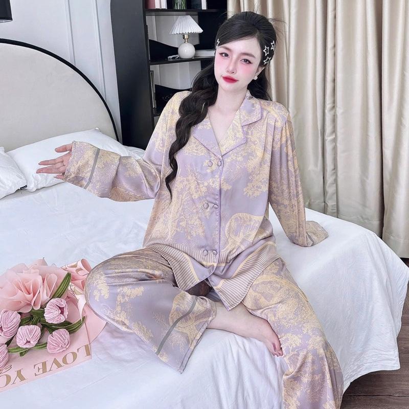 Đồ bộ pijama lụa latin in rừng vàng trên nền tím nhạt sang trọng có bigsize đến 90kg