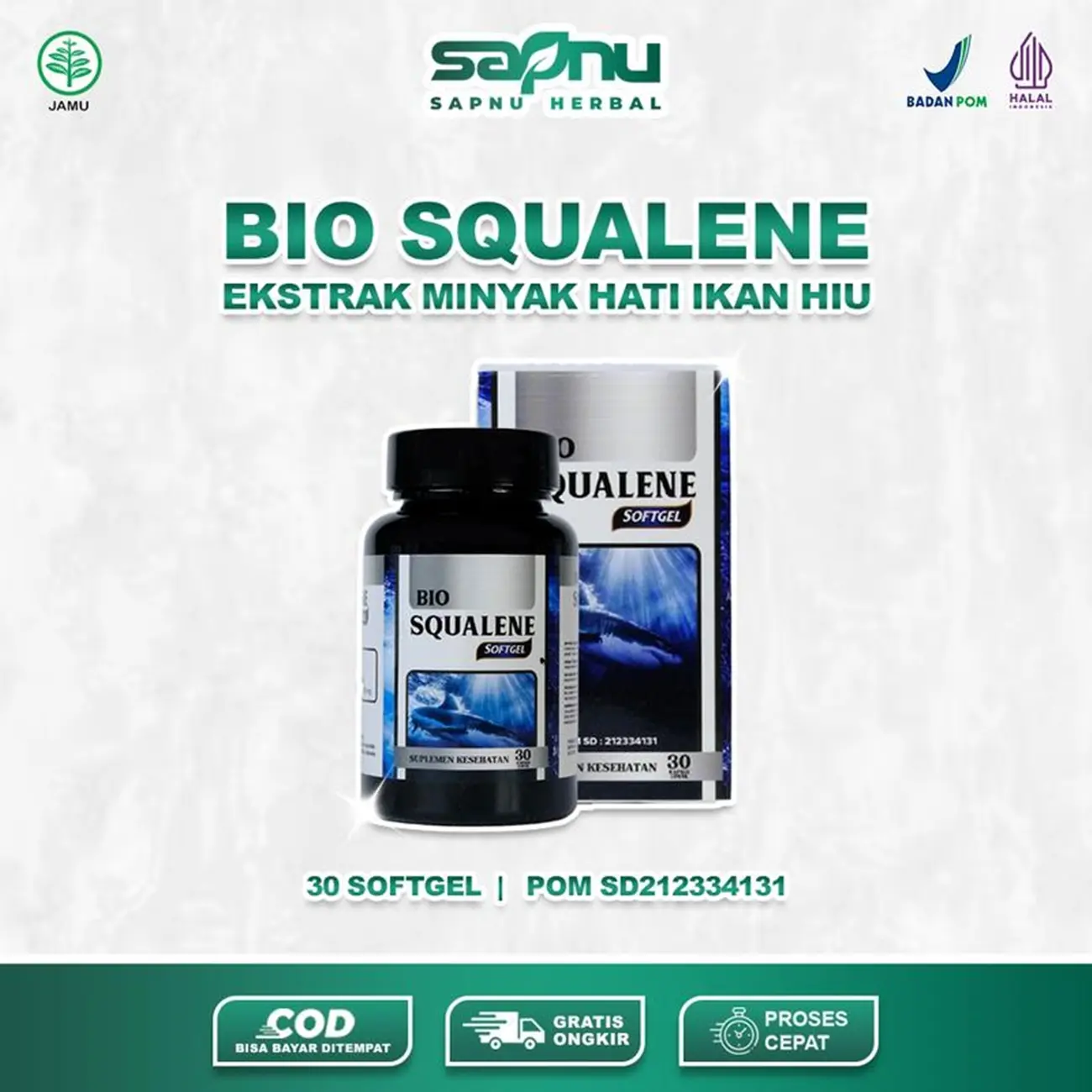 Bio Squalene Softgel Ekstrak Minyak Hati Ikan Hiu Omega 3 6 9 Fish Oil Isi 30 Softgel Sudah BPOM & Halal MUI