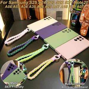 เคสโทรศัพท์แบบด้าน, วัสดุซิลิโคน, พร้อมสร้อยข้อมือเชือกถัก, เข้ากันได้กับ Samsung S25FE, S25Edge, S25Ultra, S25+, S25, S24, S23, S22, S21, Note20, A17, A16, A07, A06, A26, A25, A36, A35, A56, A55, ป้องกันกล้อง, ปกอ่อน