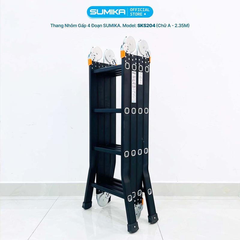 Thang nhôm gấp 4 đoạn SUMIKA SKS204, chữ A cao 2.35m, chữ I cao 4.6m, tải trọng 300kg