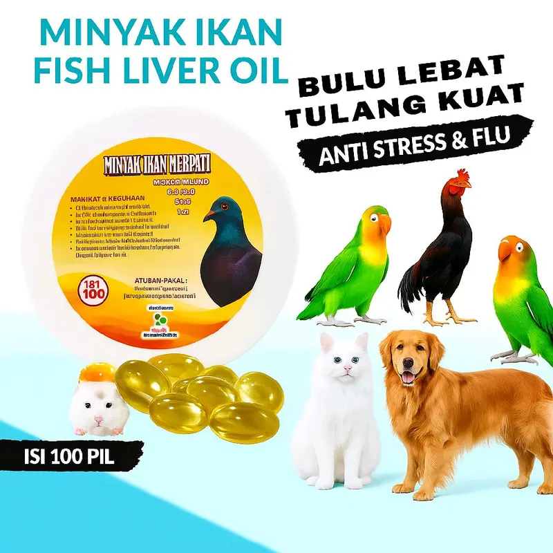 MINYAK IKAN  FISH LIVER OIL BURUNG DAN KUCING  KEMASAN 100 BUTIR Fish Oil untuk Kesehatan Kulit dan Bulu, Daya Tahan Tubuh, Kesehatan Jantung, Mengatasi Bulu Rontok 7