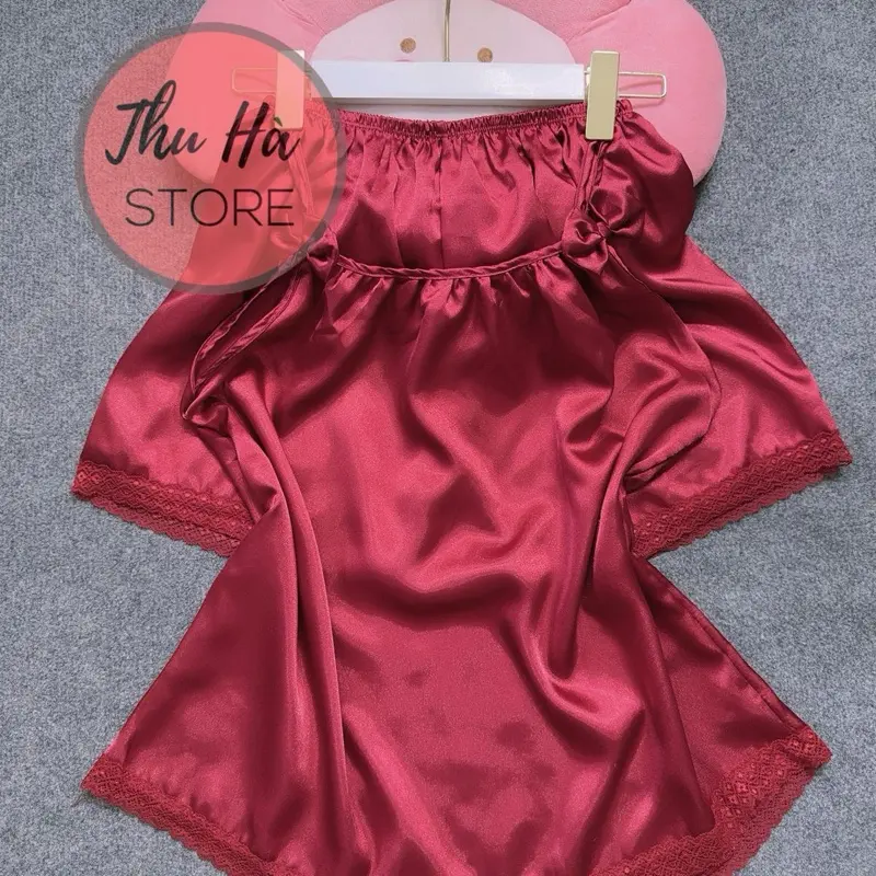 (40-75kg)Bộ đồ nữ hai dây đính hai nơ, quần đùi phối ren, chất vải phi lụa(không tăng chỉnh) 7