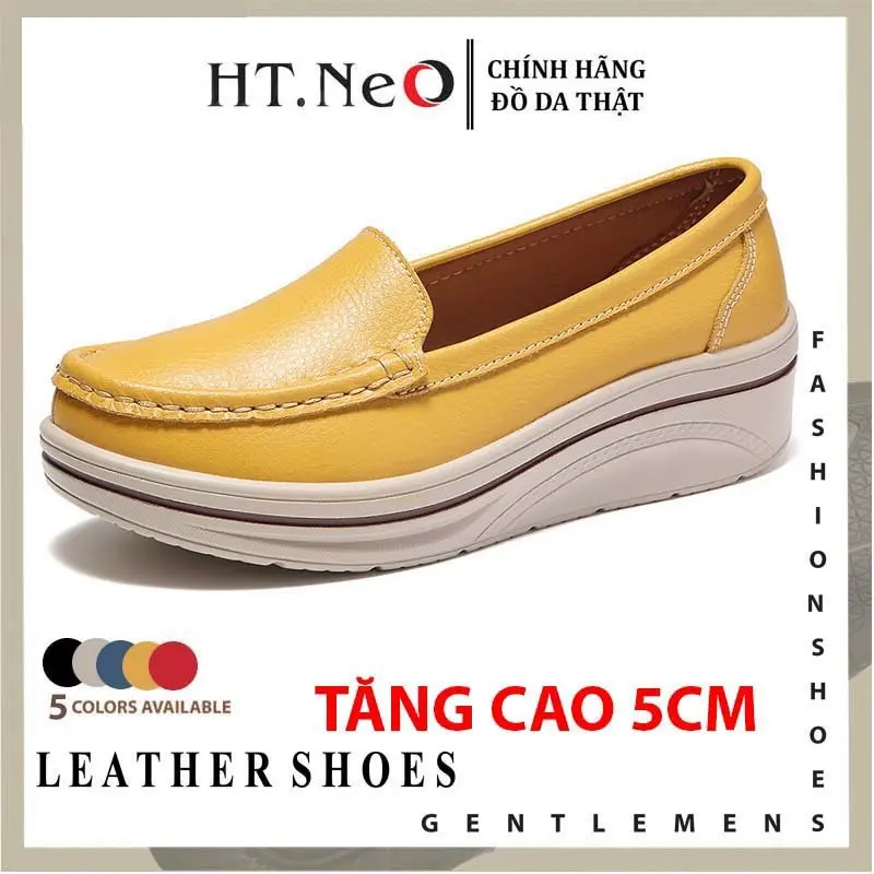 Giày nữ da bò thật HT.NeO , Giày nữ da trơn đế bằng tăng chiều cao 5cm dáng thể thao êm mềm phong cách 4 màu GDN02