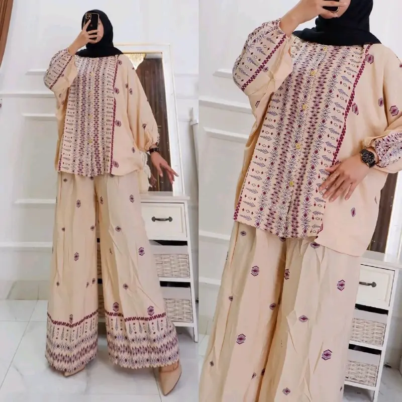 Seruni Setelan Jumbo  Blouse Batwing dan Kulot Bahan Rayon Batik Adem Nyaman Busui Kancing Aktif Baju Motif Celana Panjang Muslim Karet Samping Top 5