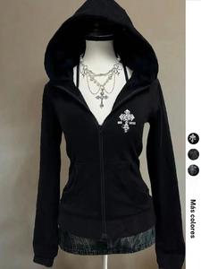 Chamarra con capucha gráfica Y2K para mujer, diseño ajustado con estampado de cruz, ropa de abrigo cálida y cómoda para otoño e invierno, ropa casual y moderna