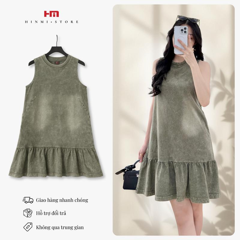 SALE LƯƠNG VỀ Đầm Lai Bèo Ba Lỗ Wash_Dáng Suông Chữ A_Vải Cotton Wash_ Đầm Nữ Xinh Nhẹ Nhàng LAI BÈO TRƠN_RÊU