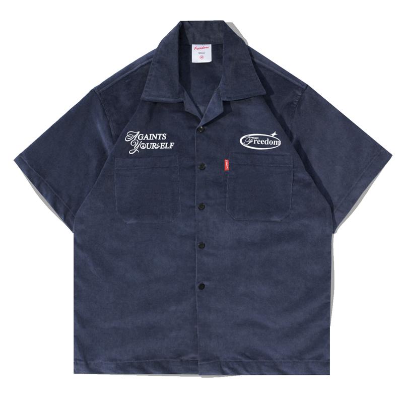 Kemeja Pendek Corduroy Polos Pria FRDM - Navy, Gaya Urbane, Cocok untuk Semua Musim - Garis, Nyaman, Jeans, Panjang, Biru, Distro 0
