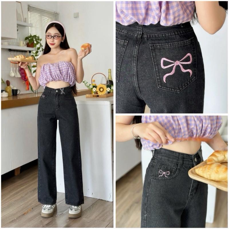  Dài 94cm QUẦN JEAN SUÔNG NẤM LÙN 9 TẤC  38-69kg LƯNG CAO THÊU NƠ HỒNG Menswear Jean Pants quạ ne suong theu quần  ống  rộng  jean  thêu  nơ quần  jean  mềm  ống  rộng quần  jean  nơ 205 