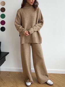 Conjunto de suéter de 2 piezas para mujer, ideal para otoño e invierno. Suéter de pulóver de cuello de tortuga y pantalones de pierna ancha. Conjunto de ropa de descanso para otoño.