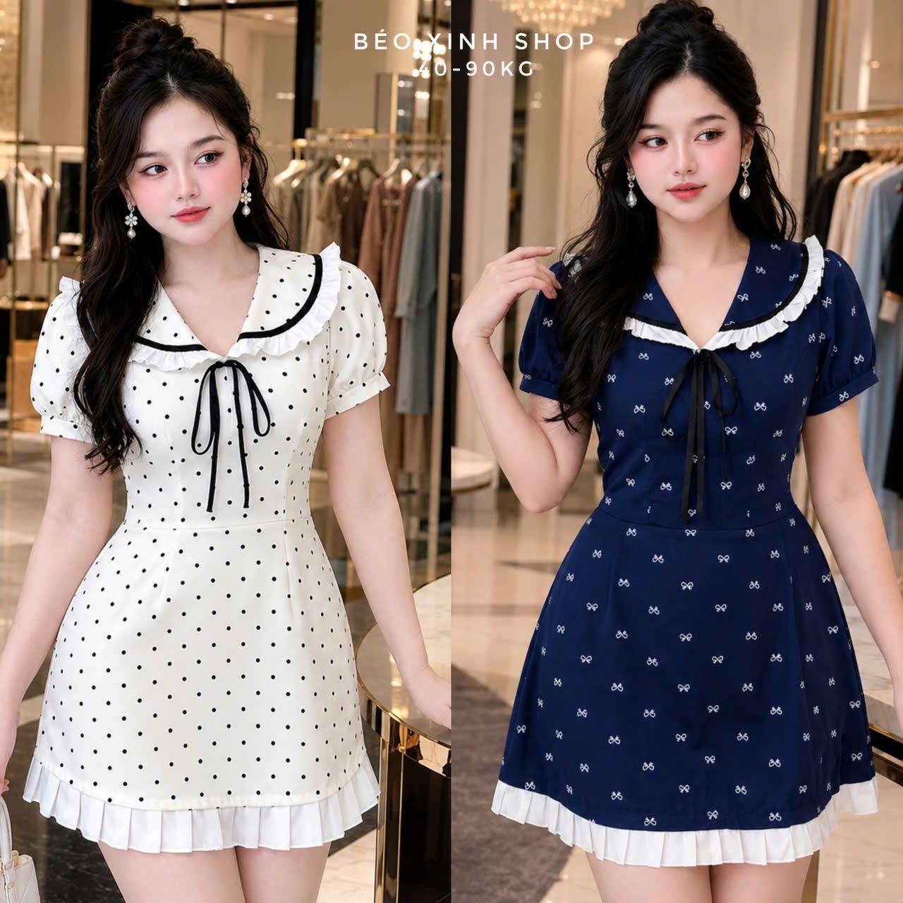 Váy Nữ Có Bigsize Cổ Bèo Phối Nơ Dáng Xòe Dễ Thương, Đầm Ngắn Chấm Bi Cho Nàng 40-90kg Bigsize Sài Gòn - A.1768