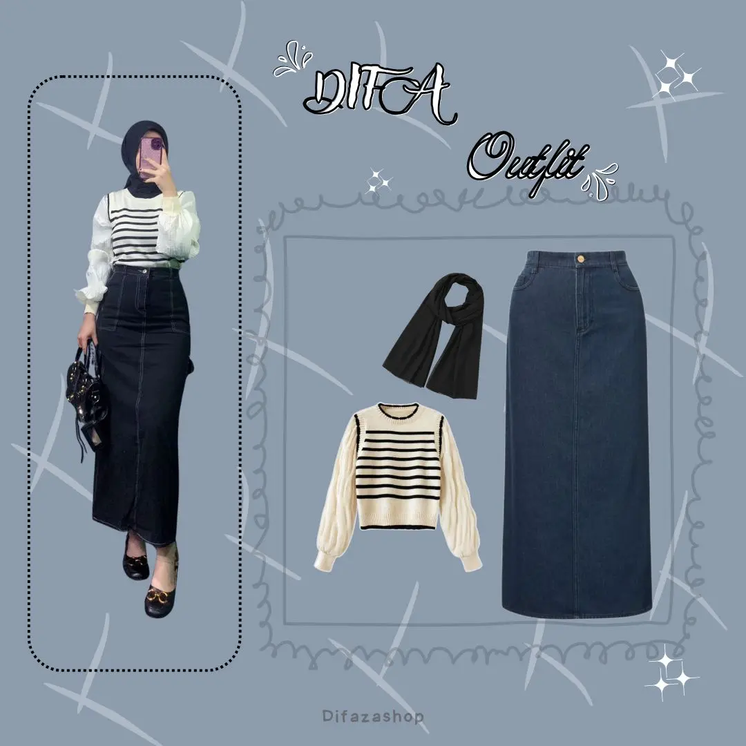 DF 450 - outfit difa pashmina hitam baju rajut stripe putih dan rok jeans dark 29 oneset 3in1 wanita korean style