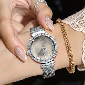 นาฬิกาควอทซ์ผู้หญิง ทรงกลม เพชรแน่น ทันสมัย ดีไซน์เรียบง่าย แมทช์ง่าย เหมาะสำหรับใช้ประจำวัน ฟังก์ชั่นกันน้ำ
