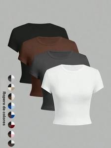 Camiseta corta de cuello redondo para mujer, conjuntos de verano 2024, camiseta informal de manga corta y cuello redondo para el día a día, ropa de mujer para todas las temporadas