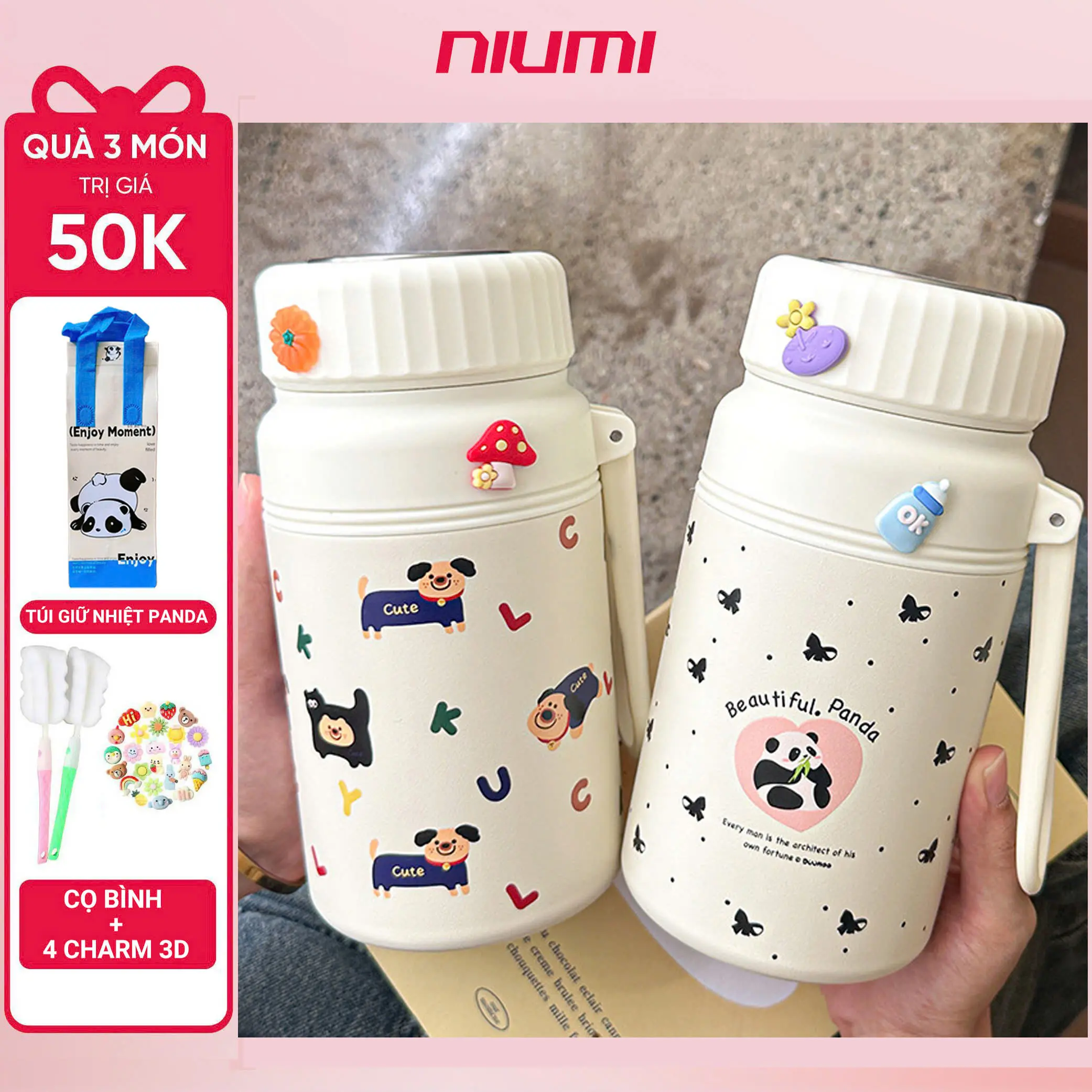 <Tặng Túi Giữ Nhiệt> Bình Giữ Nhiệt 1000ml Inox 316 NIUMI Hoạ Tiết Dễ Thương Fashion Cup Có Lưới Lọc Trà Tiện Lợi