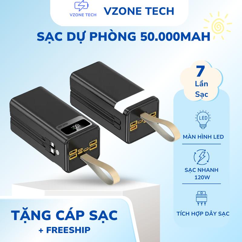 VZone Tech Sạc Dự Phòng 50000mAh 120W - Type C & Lightning - Sạc Nhanh 100W - Tích Hợp 4 Cổng Ra - Tương Thích iPhone Android iPad - Bảo Hành 6 Tháng