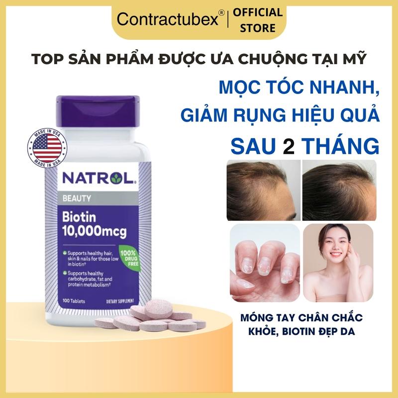 Viên uống mọc tóc Natrol Biotin 10000 Mcg của Mỹ giúp kích thích mọc tóc, giảm gãy rụng, bổ sung biotin đẹp da