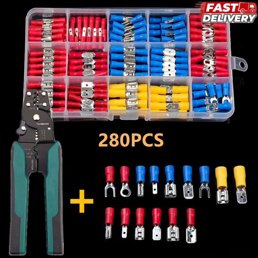 280 crimp terminals, flat crimp terminals, forked crimp terminals, round crimp terminals, PVC insulated, 280 pieces, complete with box and size label. Wire connection terminal set