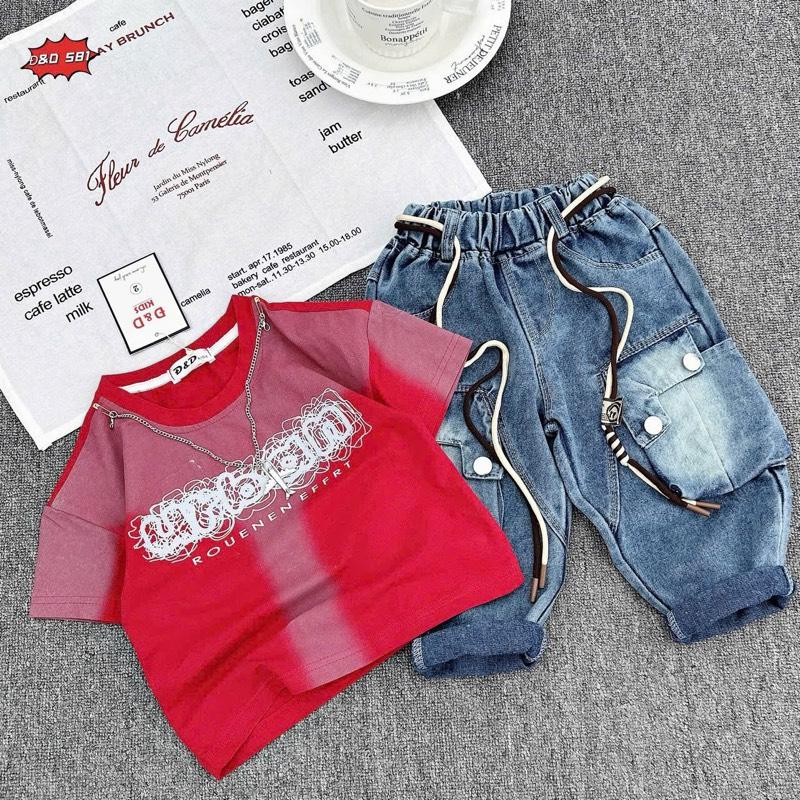   Ren Sam  Sét áo Thun phối quần bò mềm cho bé trai áo in hoạ tiết dễ thương chất mềm 8-28kg 