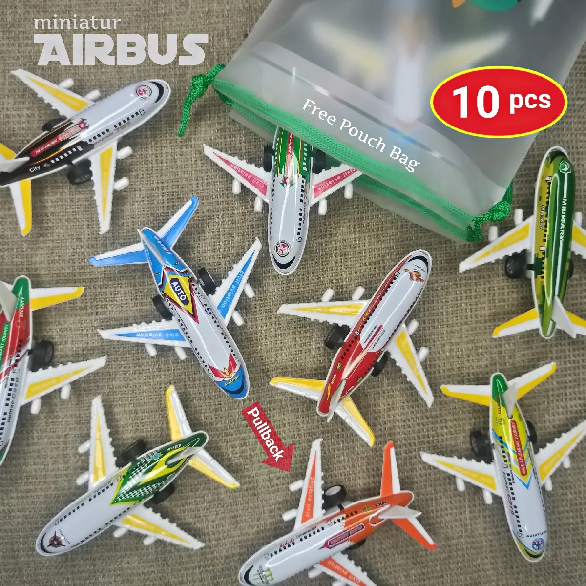 IRON AIRBUS AIRPLANE PULLBACK (PAKET 10 PCS) MAINAN ANAK PESAWAT BESI - SOUVENIR ULTAH ANAK Toy