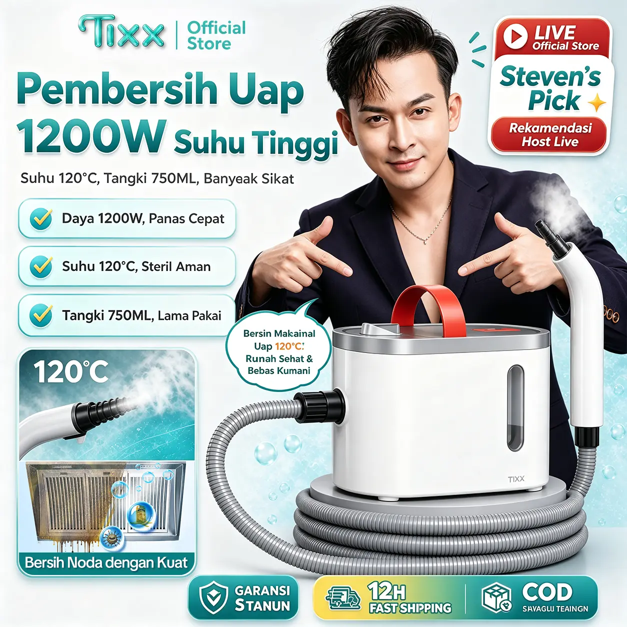 【Steven’s Pick】TIXX Pembersih Uap 1200W Suhu Tinggi 750ML Multifungsi Membersihkan Noda Dan Disinfeksi Berbagai Kepala Sikat Praktis Digunakan Di Rumah Keluarga Kualitas Baik Awet Aman Dan Nyaman Dipakai Sehari Hari