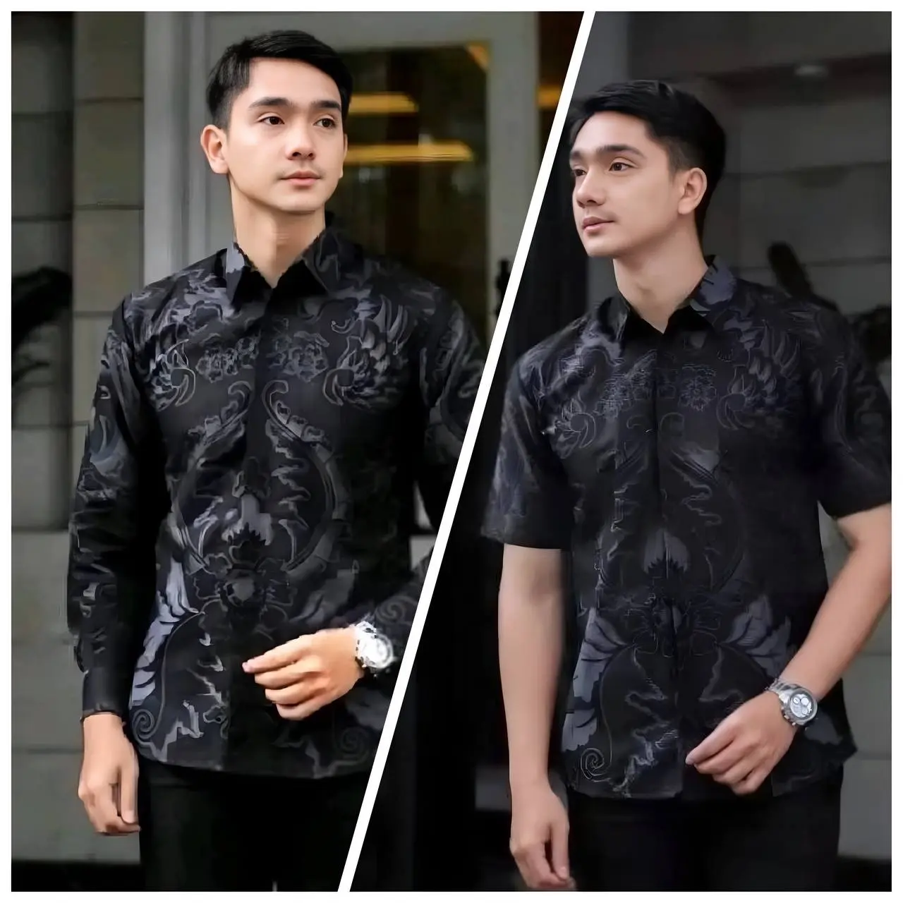 Kemeja Batik Pria Lengan Pendek Modern JUMBO Hitam Distro - Dewasa, Casual, Panjang, Atasan, Katun, Cowok, Hem Formal Keren Motif Slim Fit Baju Kerja Nyaman