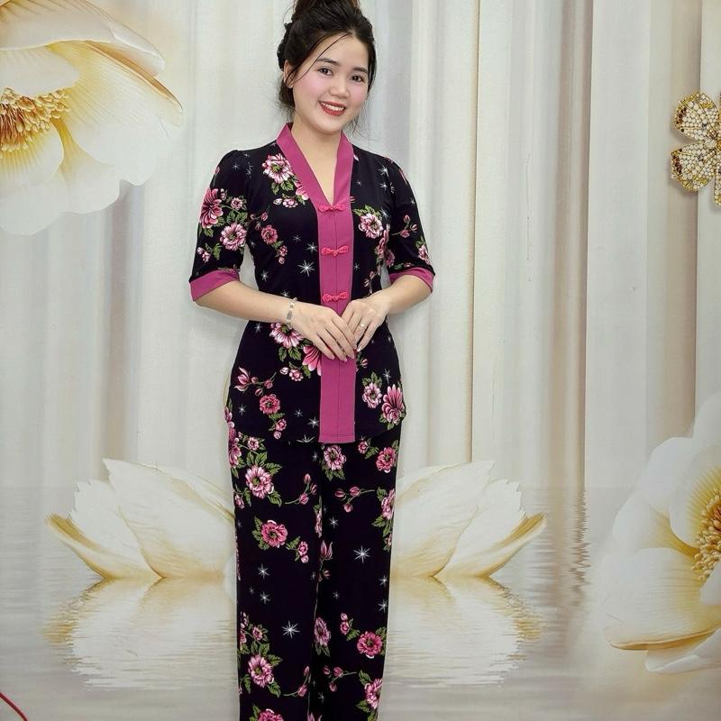 B28 ĐỒ BỘ TRUNG NIÊN Thun Tơ Hoa Cao Cấp cổ bà lai, quần ống suông thương hiệu Hải Sơn
